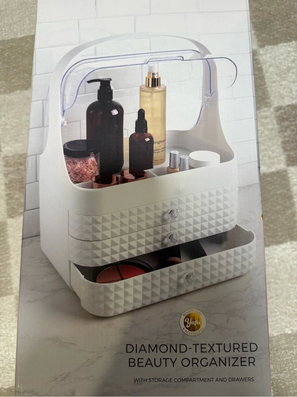 NWT Yafa White Diamond-Textured Beauty Organizer with Drawers